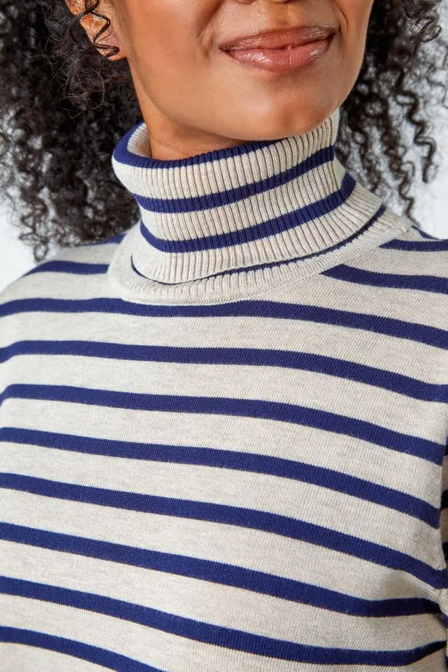 Stone Petite Stripe Print Roll Neck Longline Jumper Women Roman Knitwear