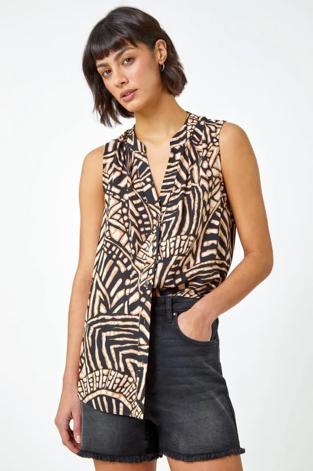Stone Sleeveless Tile Print Vest Top Women Roman Tops