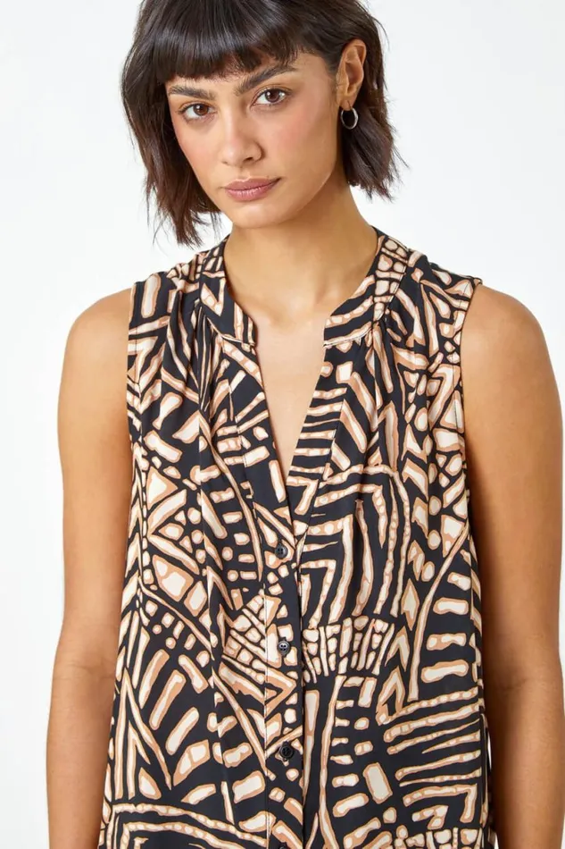 Stone Sleeveless Tile Print Vest Top Women Roman Tops