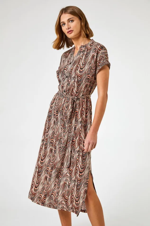 Stone Wave Print Belted Shirt Dress Women Roman Dresses