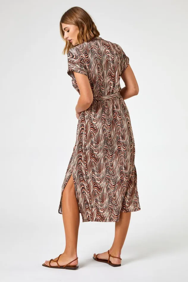 Stone Wave Print Belted Shirt Dress Women Roman Dresses