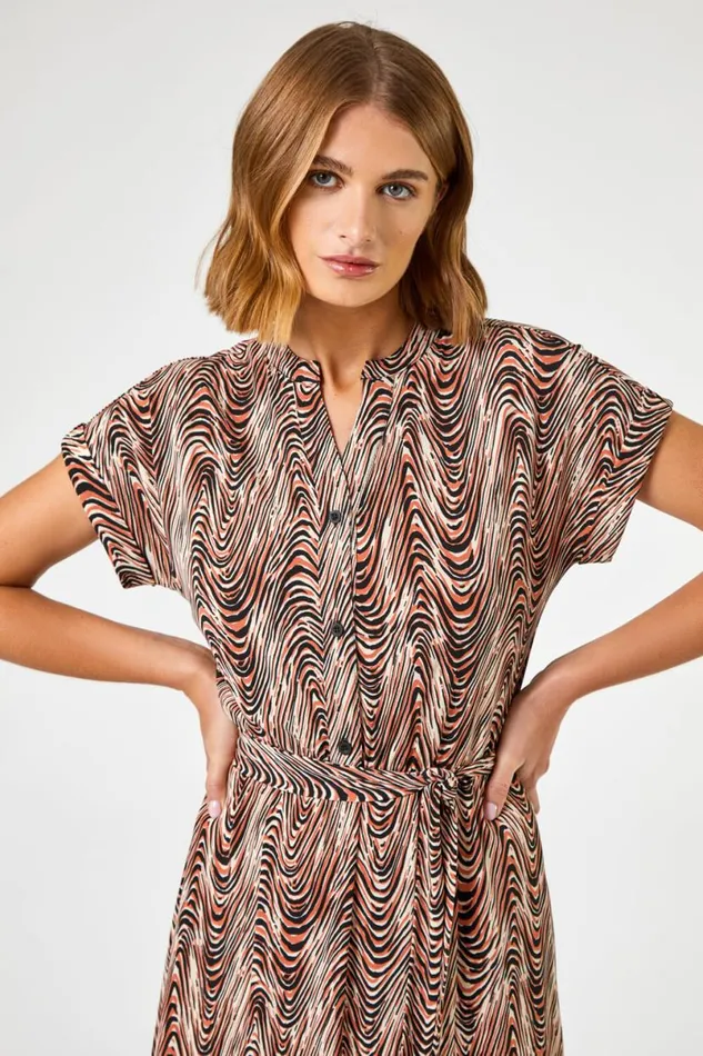 Stone Wave Print Belted Shirt Dress Women Roman Dresses