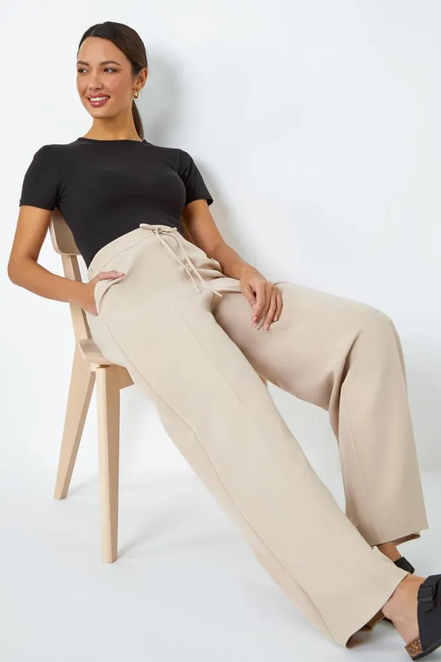 Stone Wide Leg Tie Front Stretch Trouser Women Roman Trousers