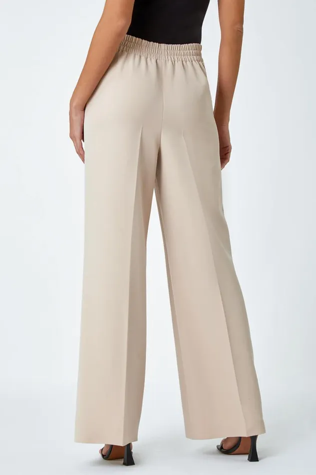 Stone Wide Leg Tie Front Stretch Trouser Women Roman Trousers