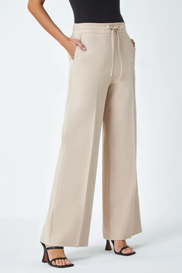 Stone Wide Leg Tie Front Stretch Trouser Women Roman Trousers