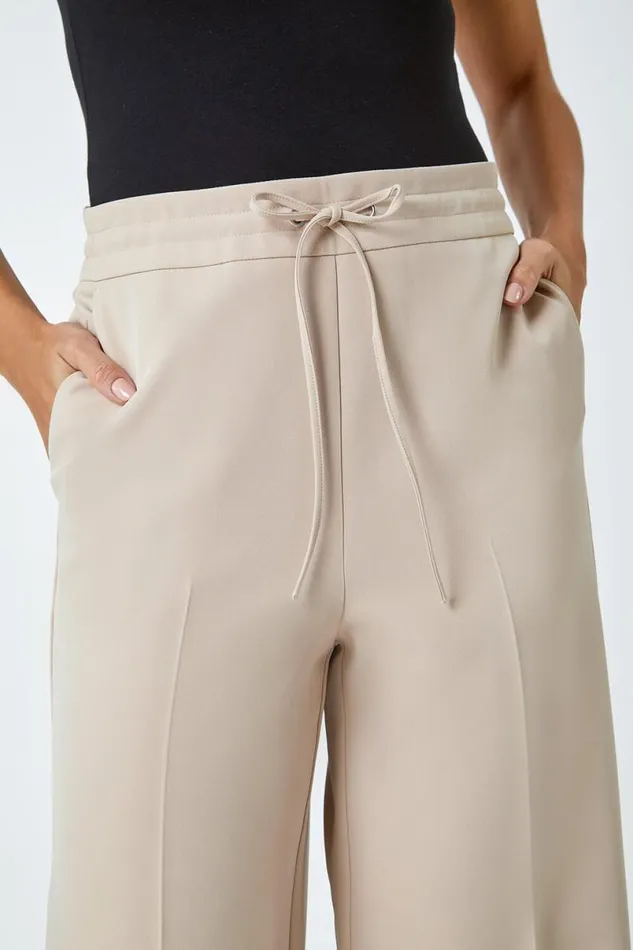Stone Wide Leg Tie Front Stretch Trouser Women Roman Trousers