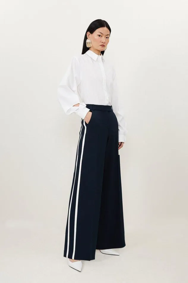 Suits Women Karen Millen Compact Stretch Straight Leg Tipped Tailored Trousers Midnight