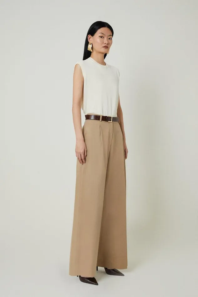 Suits Women Karen Millen Tencel Cotton Pleated Wide Leg Tailored Trousers Tan