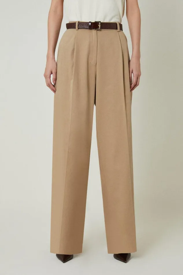 Suits Women Karen Millen Tencel Cotton Pleated Wide Leg Tailored Trousers Tan