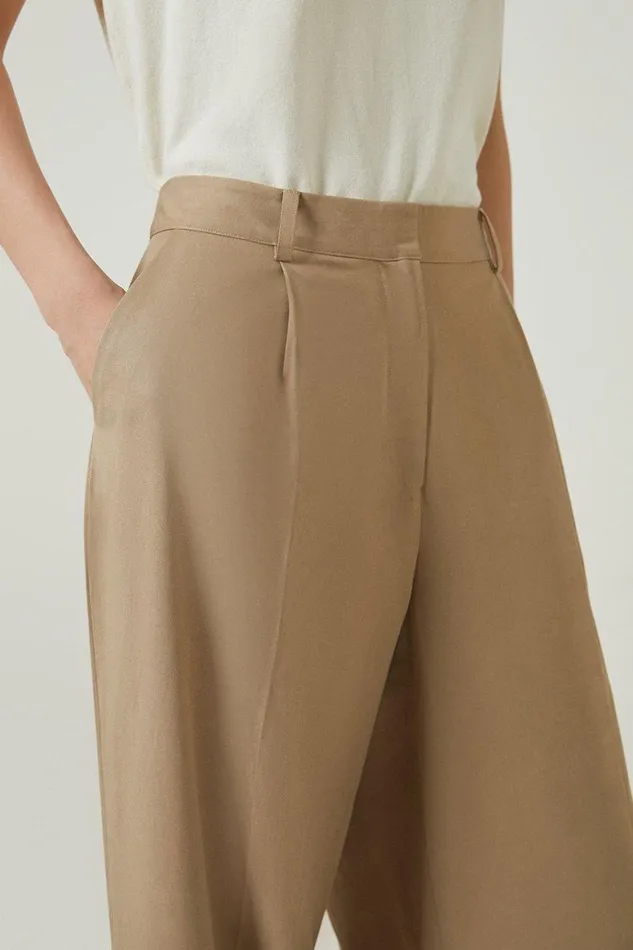 Suits Women Karen Millen Tencel Cotton Pleated Wide Leg Tailored Trousers Tan