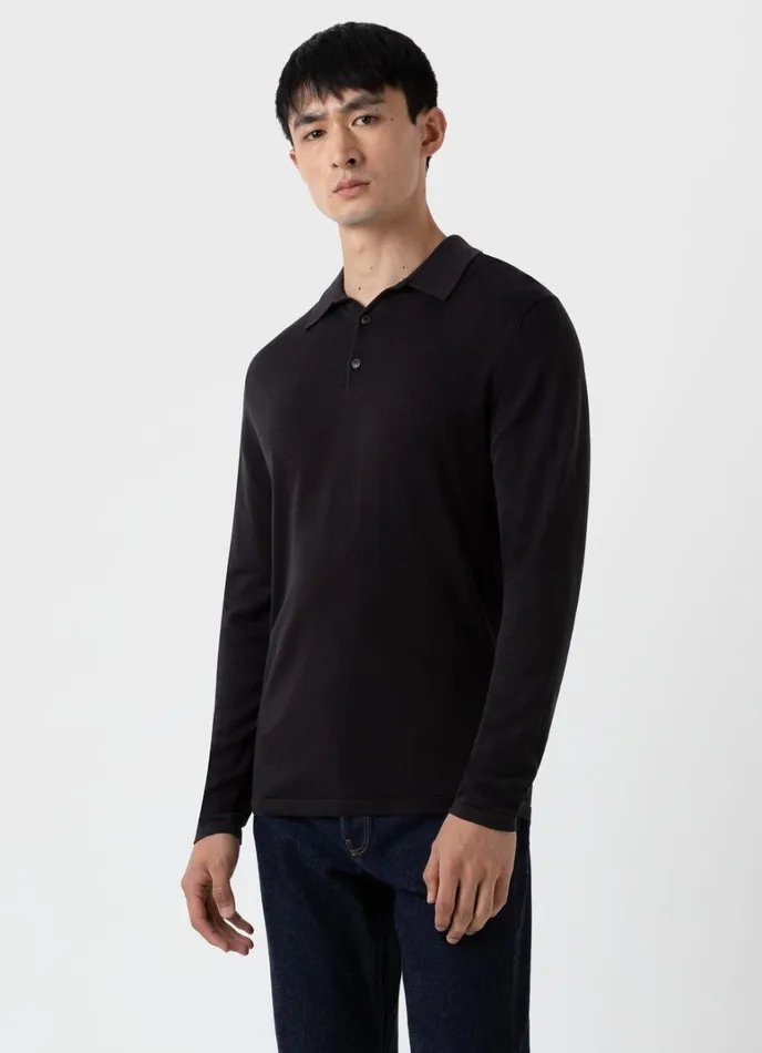 SUNSPEL Knitwear Long Sleeve Sea Island Cotton Polo Shirt Black 8211 Men