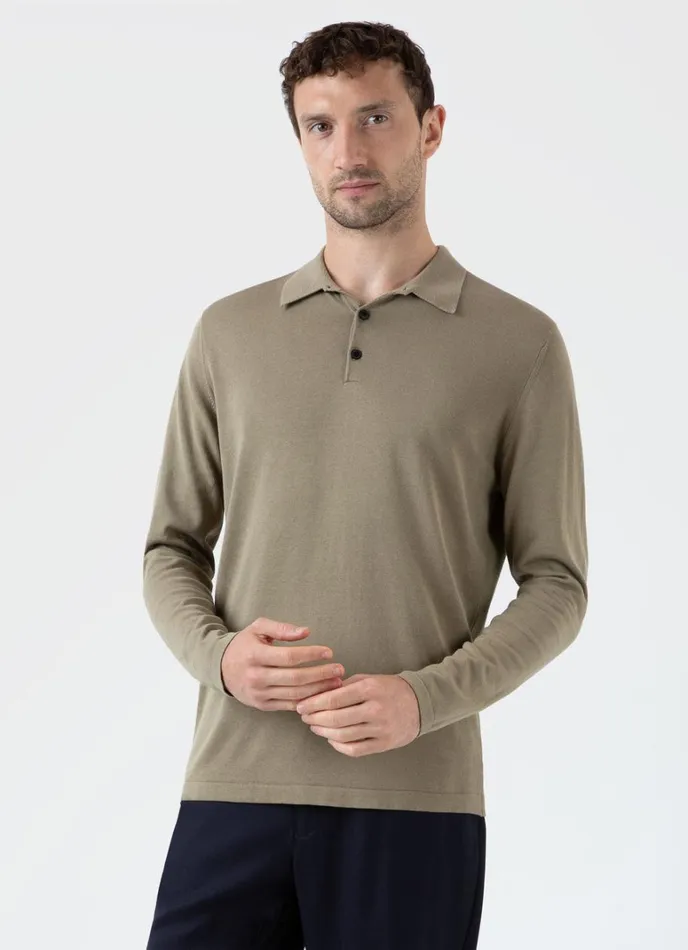 SUNSPEL Knitwear Long Sleeve Sea Island Cotton Polo Shirt Dark Stone 8211 Men