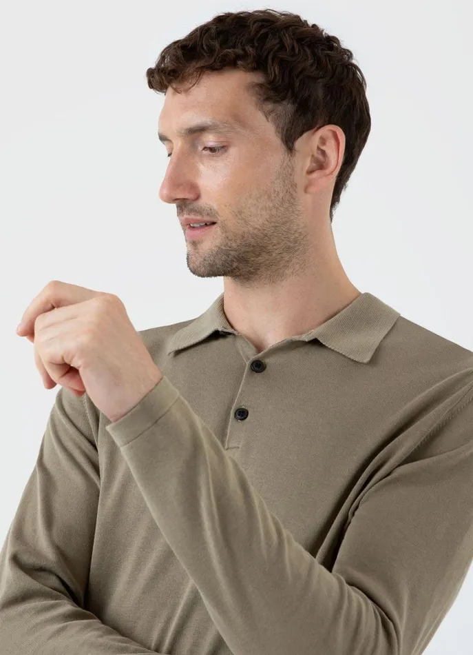 SUNSPEL Knitwear Long Sleeve Sea Island Cotton Polo Shirt Dark Stone 8211 Men