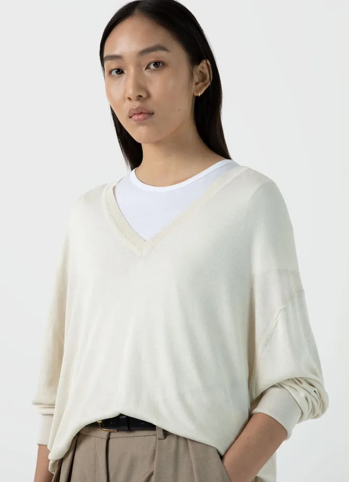 SUNSPEL Knitwear Relaxed Mulberry Silk Vneck Jumper Ecru 8211 Women