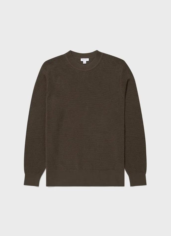 SUNSPEL Knitwear Waffle Stitch Crew Neck Jumper Khaki 8211 Men