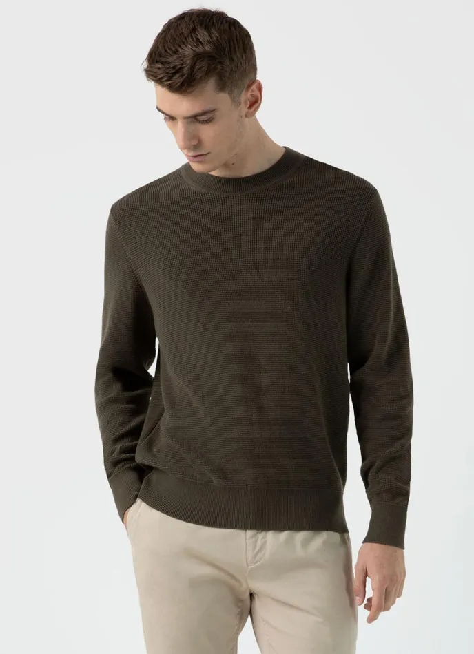 SUNSPEL Knitwear Waffle Stitch Crew Neck Jumper Khaki 8211 Men