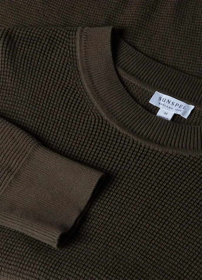 SUNSPEL Knitwear Waffle Stitch Crew Neck Jumper Khaki 8211 Men