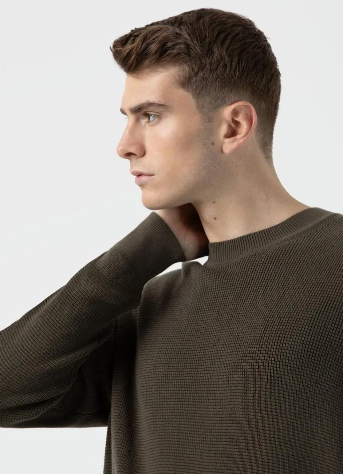 SUNSPEL Knitwear Waffle Stitch Crew Neck Jumper Khaki 8211 Men