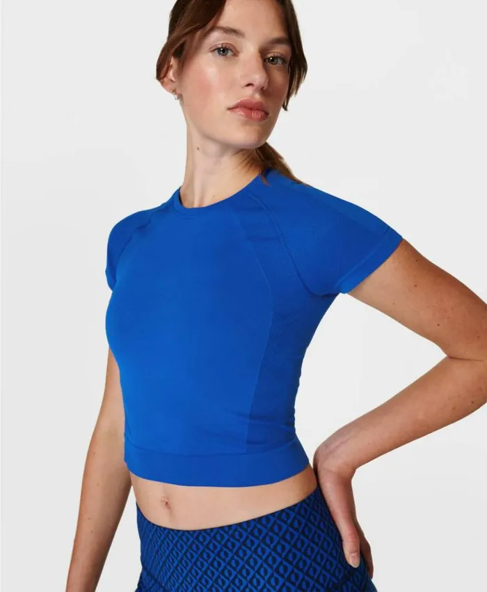Sweaty Betty Athlete Crop Seamless Workout Tee Lightning Blue Clothing TShirts