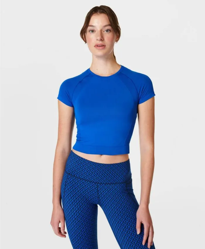 Sweaty Betty Athlete Crop Seamless Workout Tee Lightning Blue Clothing TShirts Sweaty Betty Athlete Crop Seamless Workout Tee Lightning Blue Clothing TShirts