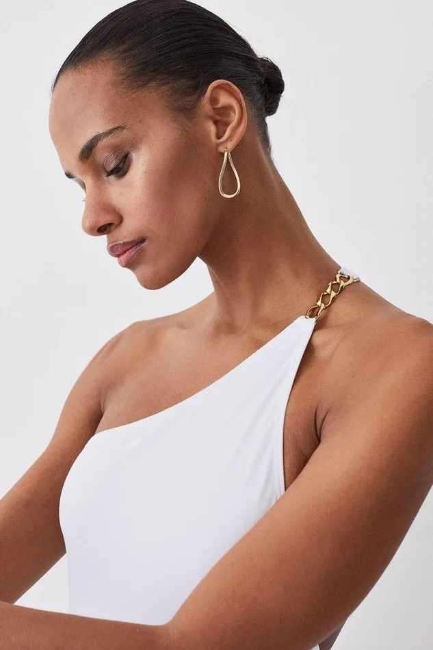 Swimwear Women Karen Millen One Shoulder Chain Strap Cut Out Swimsuit White