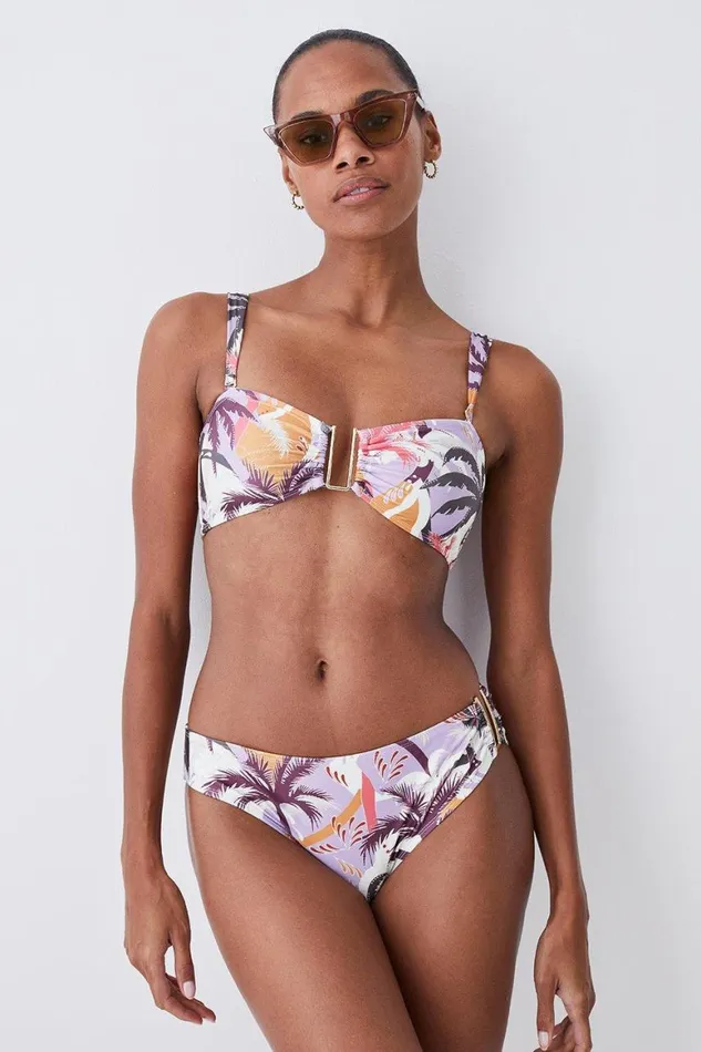 Swimwear Women Karen Millen Palm Print Gold Trim Detachable Strap Bikini Top Multi