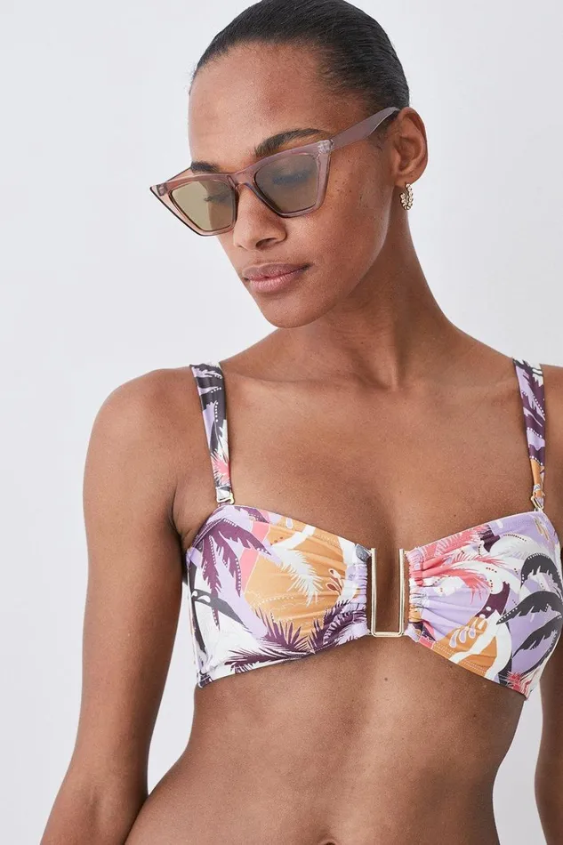 Swimwear Women Karen Millen Palm Print Gold Trim Detachable Strap Bikini Top Multi