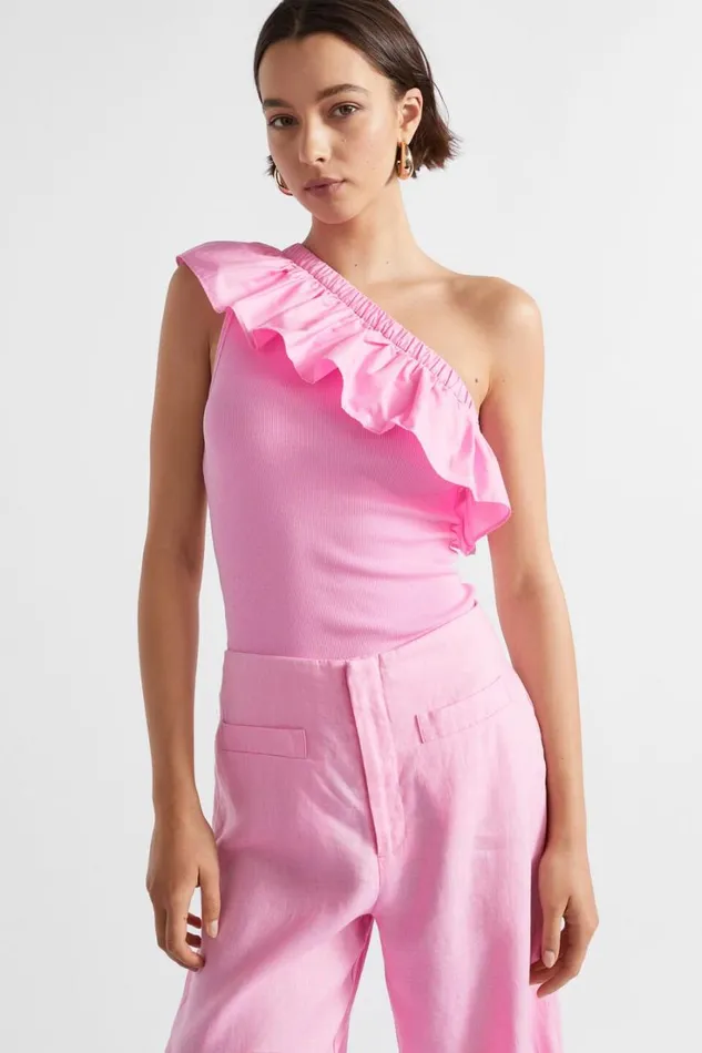 TShirts and Tops Woman Seed Heritage Ruffle One Shoulder Tank Pink Gin