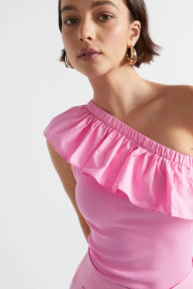 TShirts and Tops Woman Seed Heritage Ruffle One Shoulder Tank Pink Gin