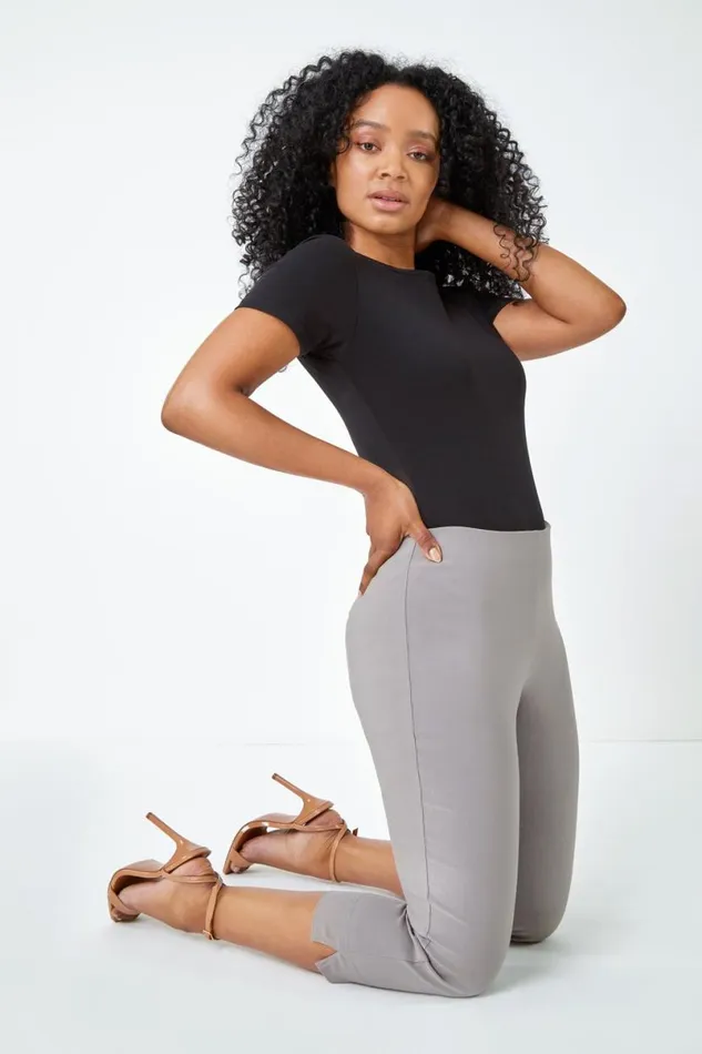 Taupe Petite Elastic Waist Stretch Cropped Trouser Women Roman Coords