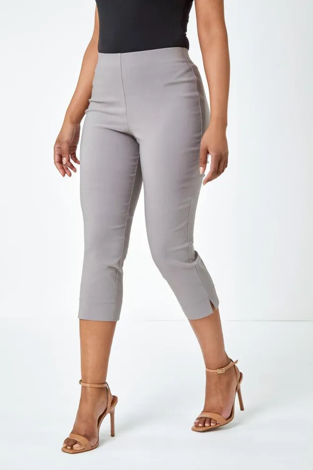 Taupe Petite Elastic Waist Stretch Cropped Trouser Women Roman Coords