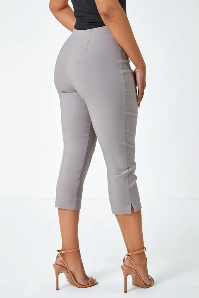 Taupe Petite Elastic Waist Stretch Cropped Trouser Women Roman Coords