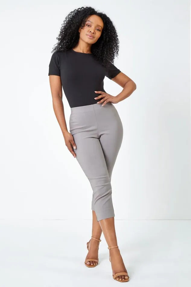 Taupe Petite Elastic Waist Stretch Cropped Trouser Women Roman Coords