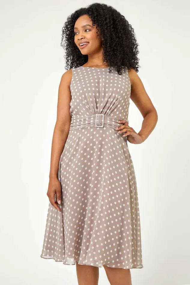 Taupe Petite Spot Print Buckle Detail Chiffon Dress Women Roman Dresses