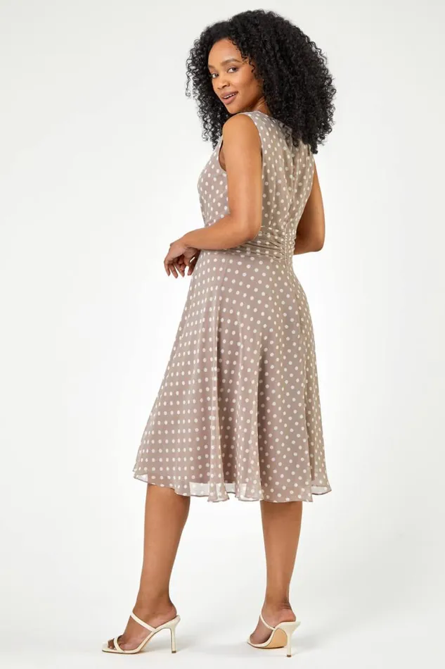 Taupe Petite Spot Print Buckle Detail Chiffon Dress Women Roman Dresses