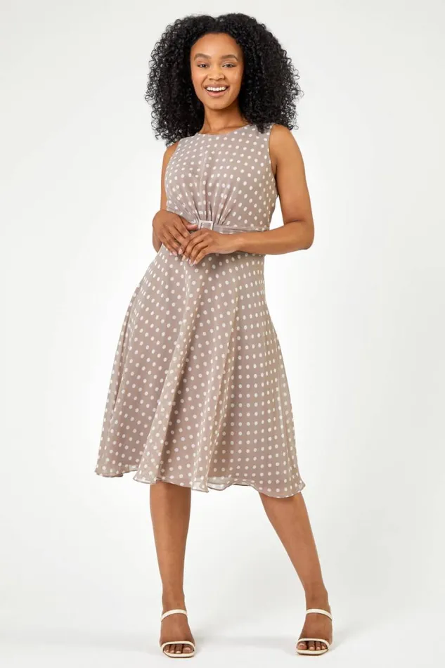 Taupe Petite Spot Print Buckle Detail Chiffon Dress Women Roman Dresses