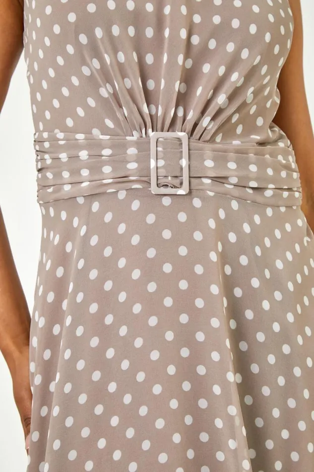 Taupe Petite Spot Print Buckle Detail Chiffon Dress Women Roman Dresses