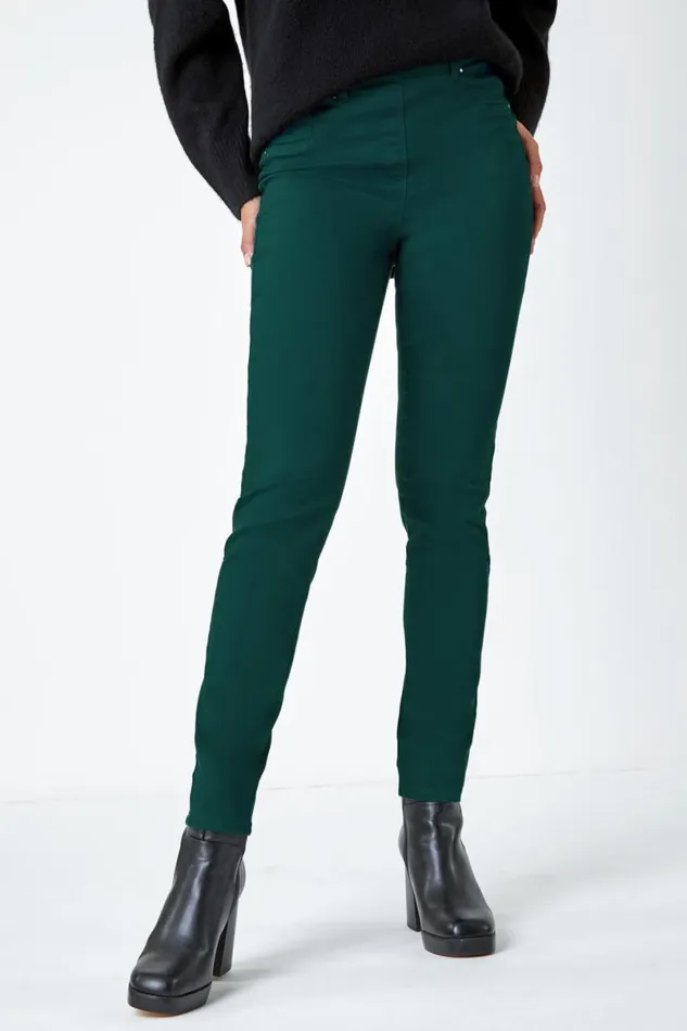 Teal 31039 Denim Stretch Elastic Waist Jegging Women Roman Trousers
