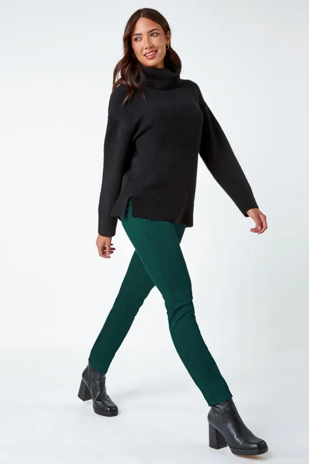 Teal 31039 Denim Stretch Elastic Waist Jegging Women Roman Trousers
