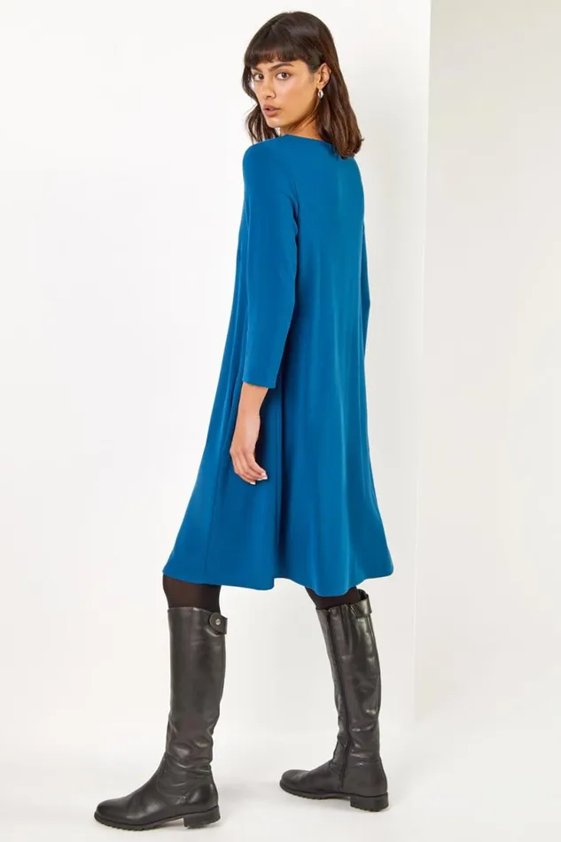 Teal ALine Pocket Detail Swing Dress Women Roman Dresses