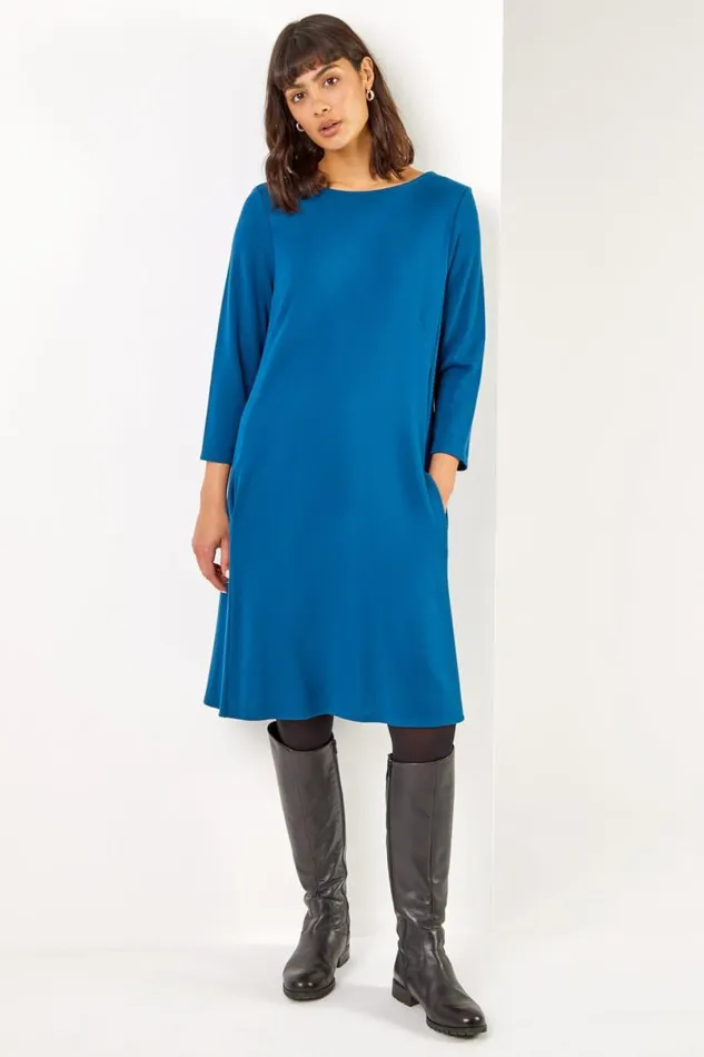 Teal ALine Pocket Detail Swing Dress Women Roman Dresses