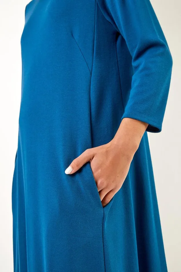 Teal ALine Pocket Detail Swing Dress Women Roman Dresses
