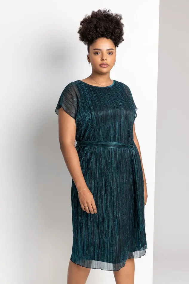 Teal Curve Metallic Plisse Midi Dress Women Roman Dresses