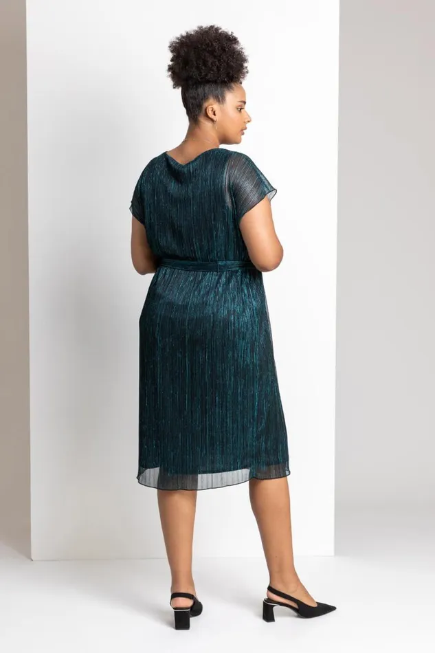 Teal Curve Metallic Plisse Midi Dress Women Roman Dresses