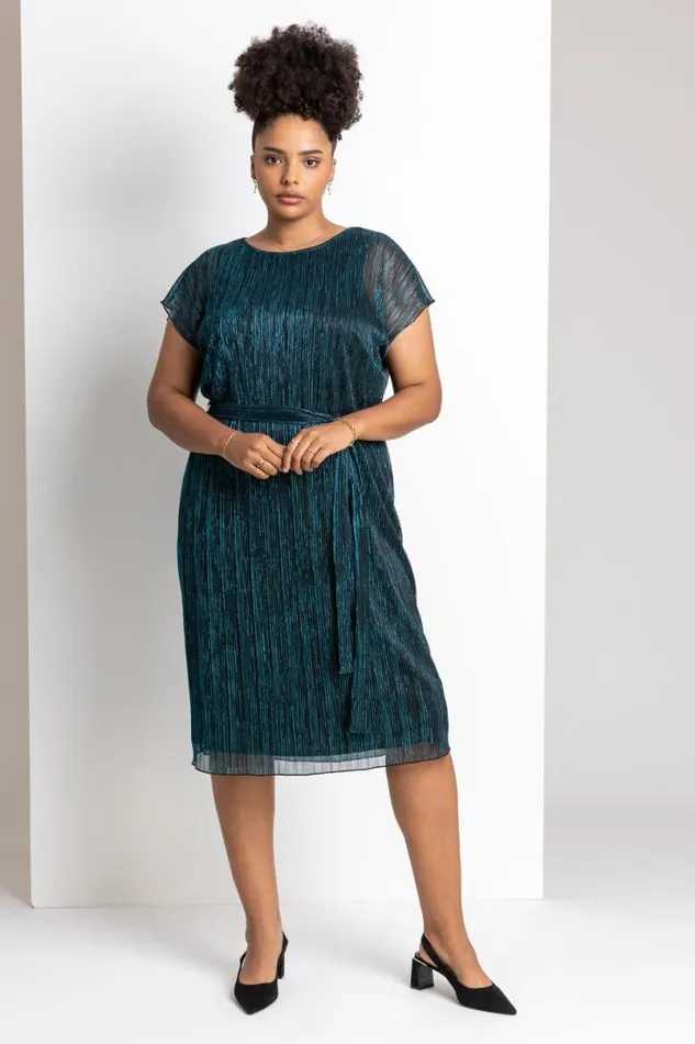 Teal Curve Metallic Plisse Midi Dress Women Roman Dresses