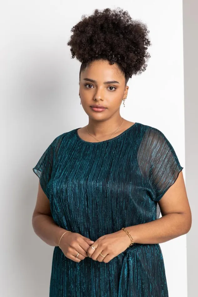 Teal Curve Metallic Plisse Midi Dress Women Roman Dresses