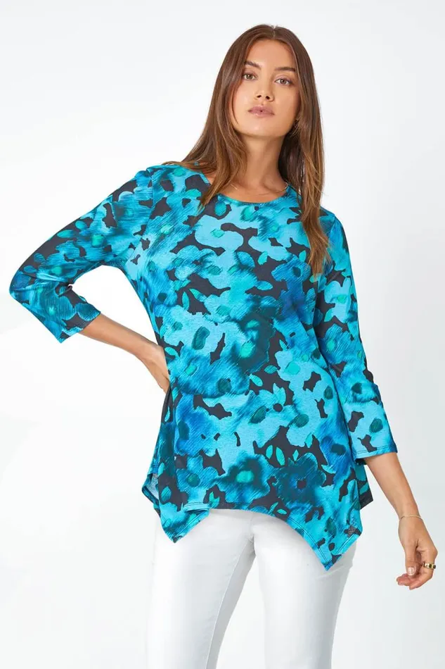 Teal Floral Print Mesh Hanky Hem Top Women Roman Tops