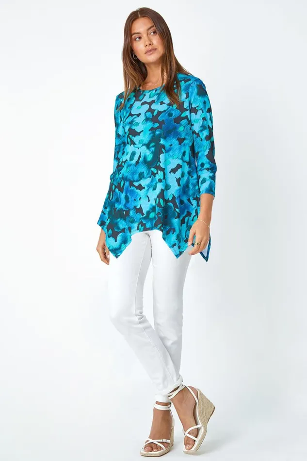 Teal Floral Print Mesh Hanky Hem Top Women Roman Tops