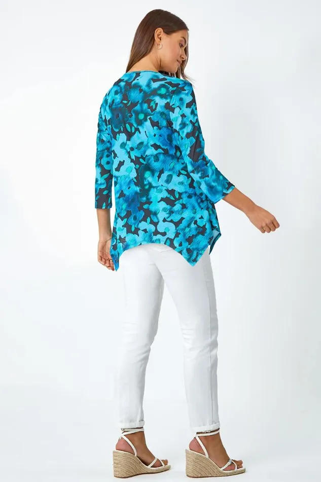 Teal Floral Print Mesh Hanky Hem Top Women Roman Tops