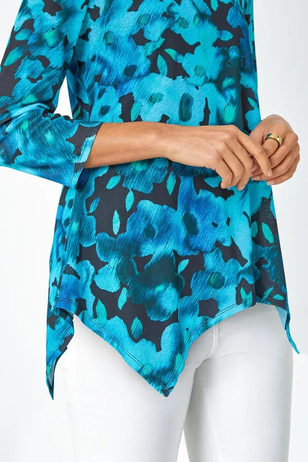 Teal Floral Print Mesh Hanky Hem Top Women Roman Tops